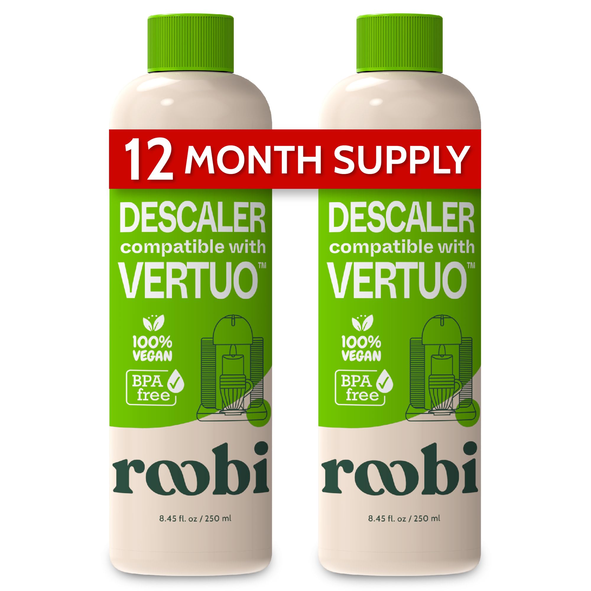 Roobi Vertuo descaling bottle pour shows easy pour and quick cleaning action