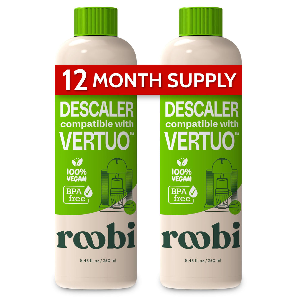 Roobi Vertuo descaling bottle pour shows easy pour and quick cleaning action