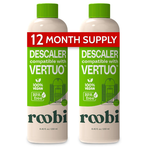 Roobi Vertuo descaling bottle pour shows easy pour and quick cleaning action