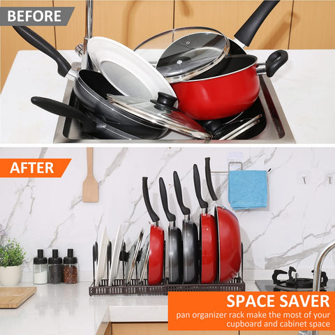 ROOHUA organized cabinet view highlights easy access to pots and lids.