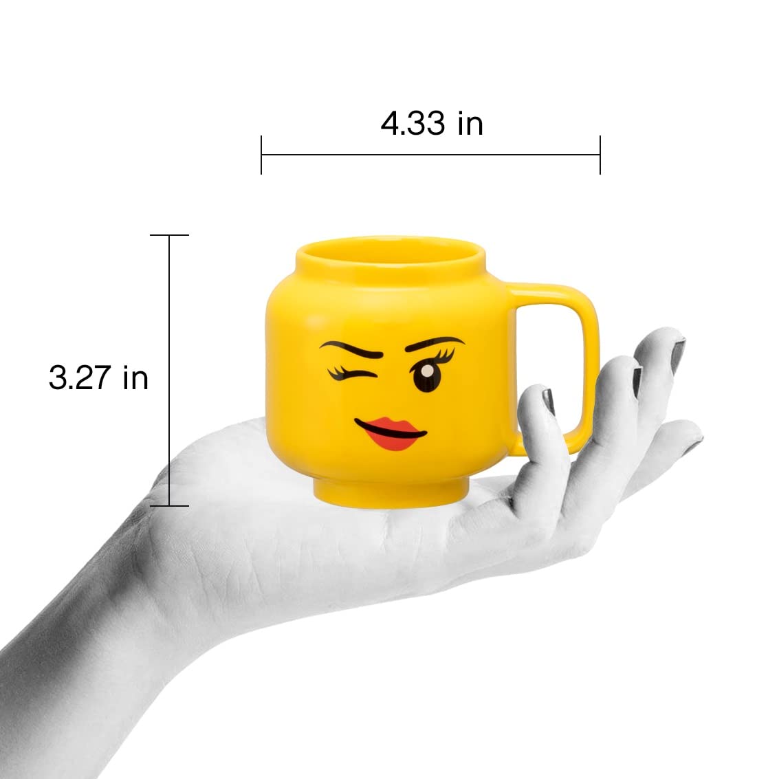 Room Copenhagen Lego ceramic mug winking girl side view, great for tea breaks or desk sips