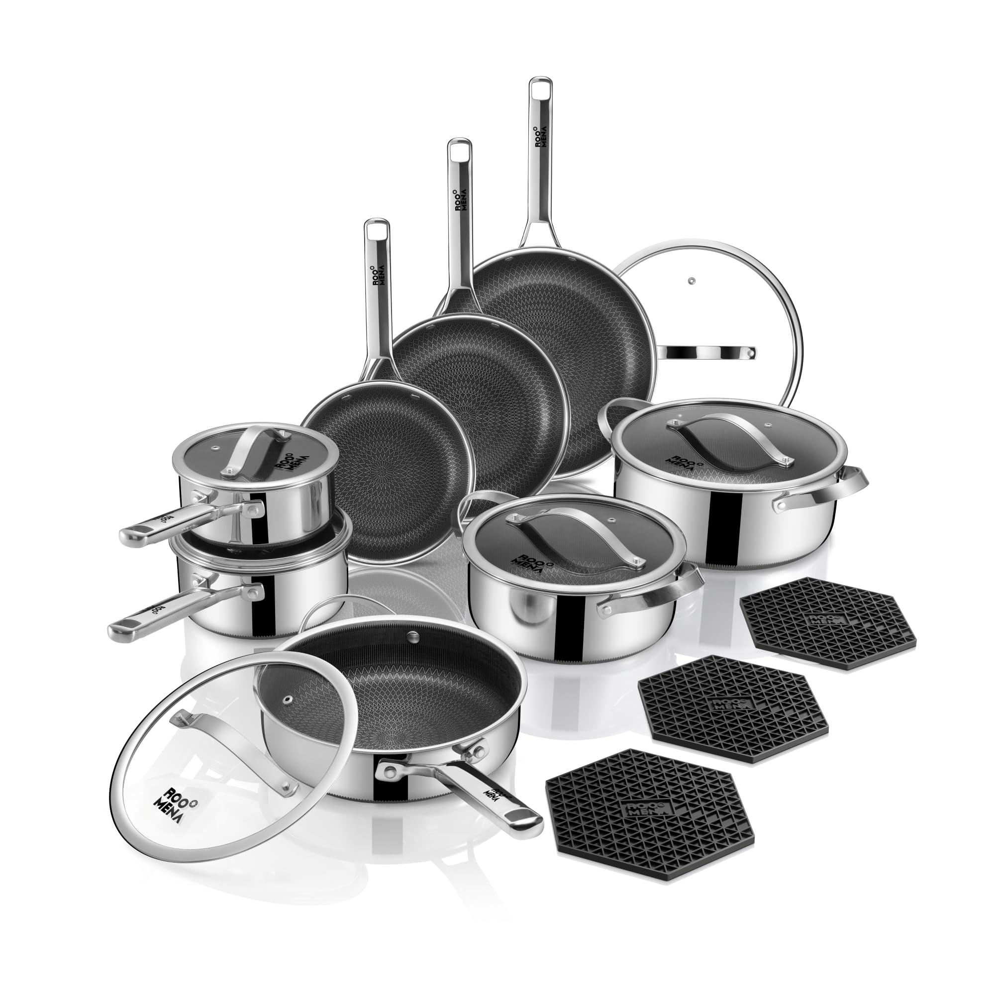 Roomena 17-piece set overview with durable hybrid stainless construction