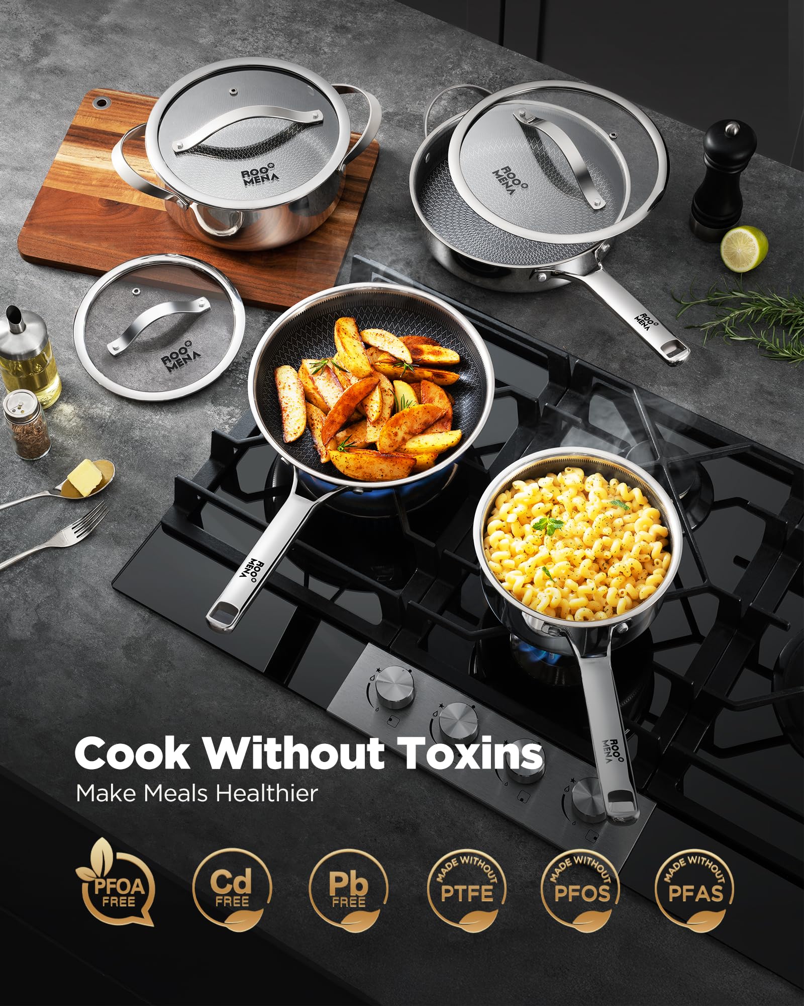 Roomena 3qt sauté pan with lid enables versatile simmering and precise sauce prep.