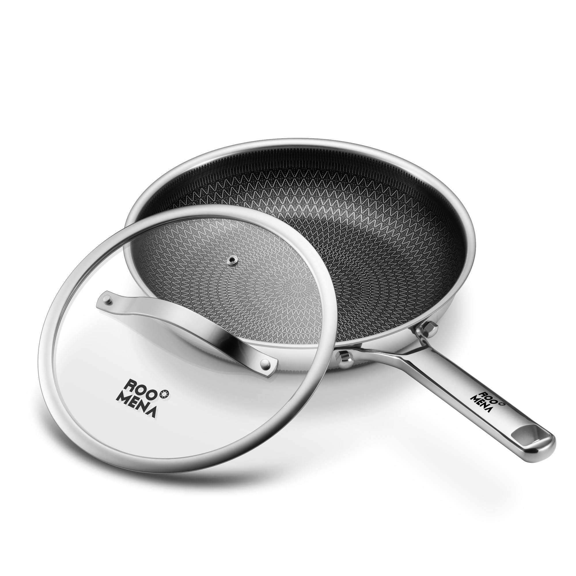 Roomena ceramic nonstick frying pan 12in with lid for effortless release and quick cleanup.