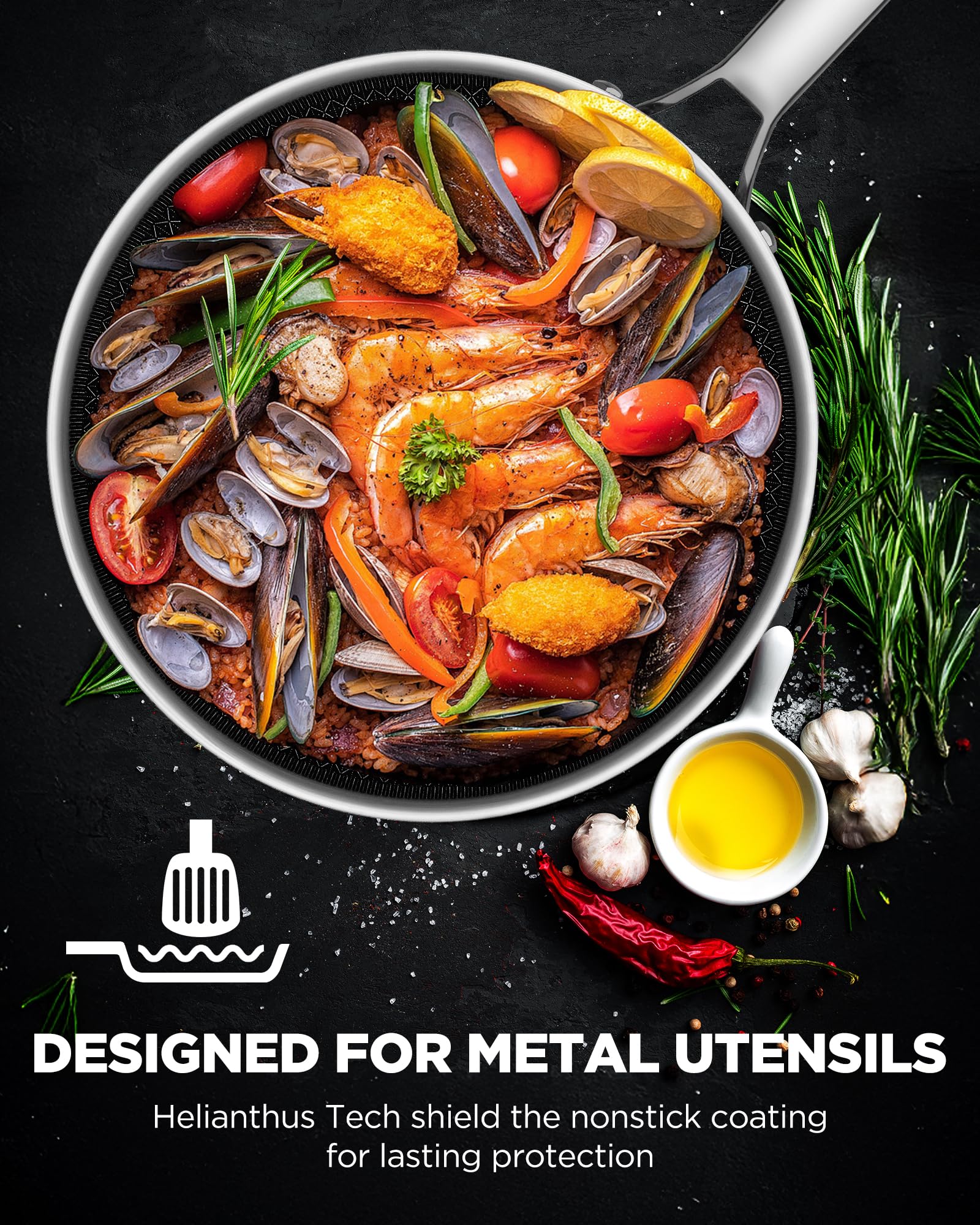 Roomena metal utensil safe pan supports flexible prep during busy cooking.