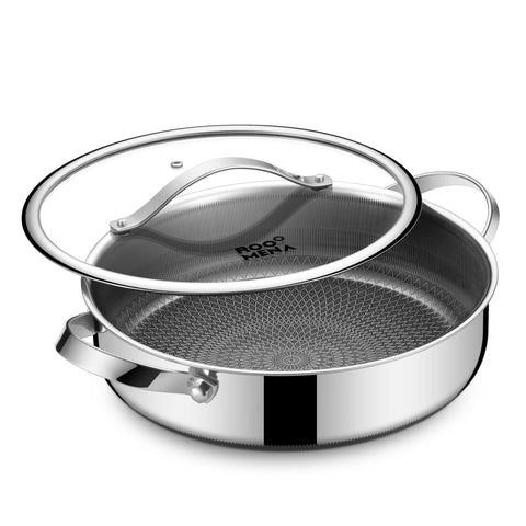 Roomena Saute Pan with Lid on the stovetop, showcasing heat control for simmering