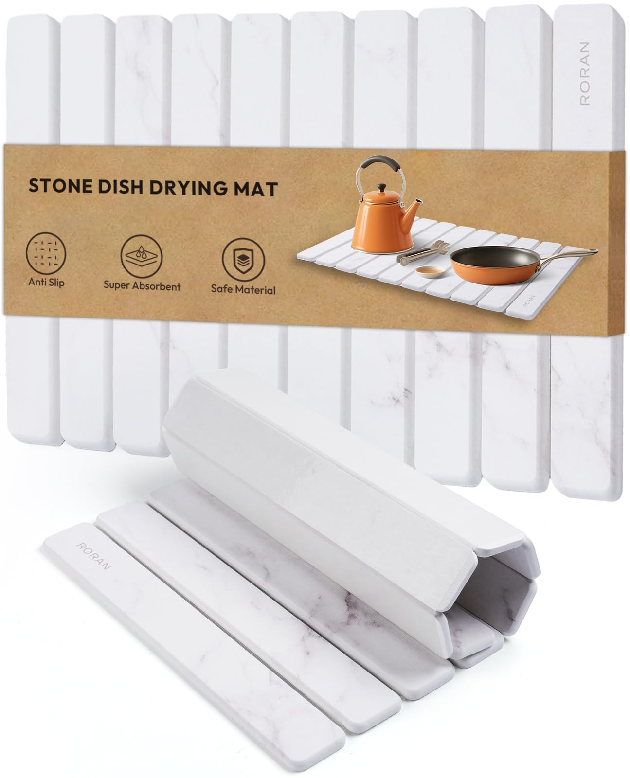 Roran stone drying mat on a kitchen counter; absorbent and quick-drying.
