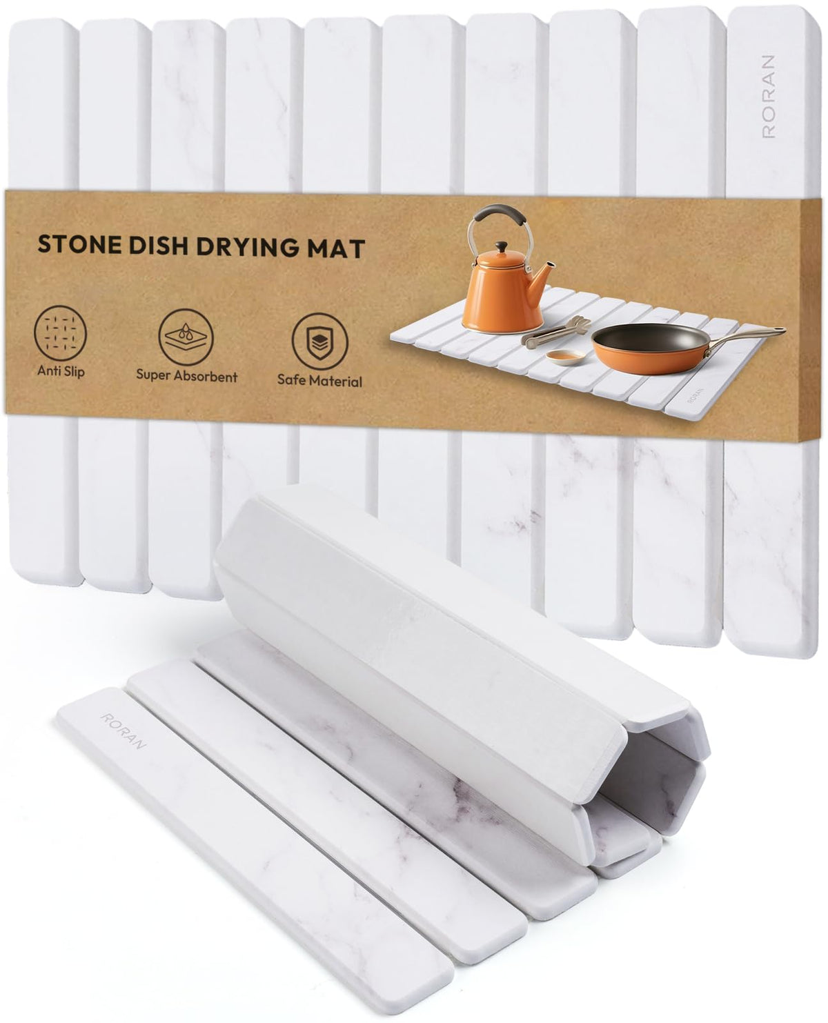 Roran stone drying mat on a kitchen counter; absorbent and quick-drying.