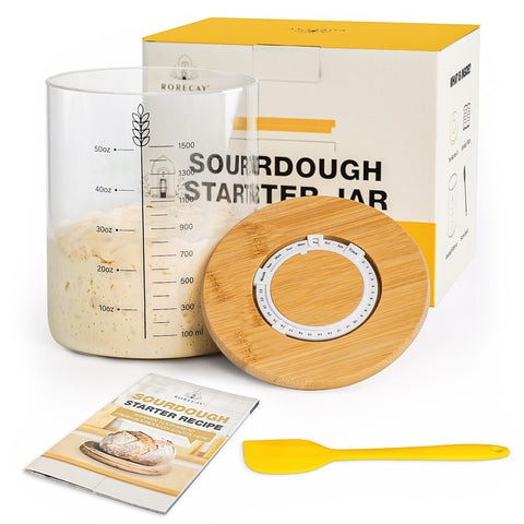 Rorecay 50oz sourdough starter jar with time lid for precise fermentation tracking.