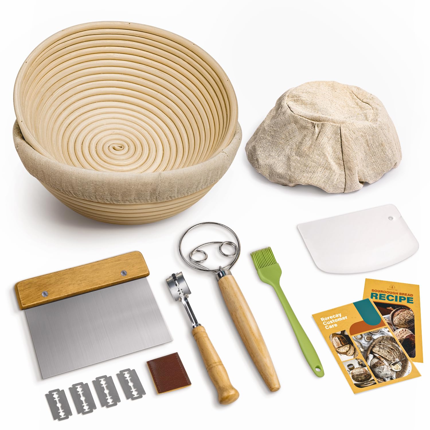 Rorecay banneton 9-inch round exterior highlights natural rattan for even flour dusting.