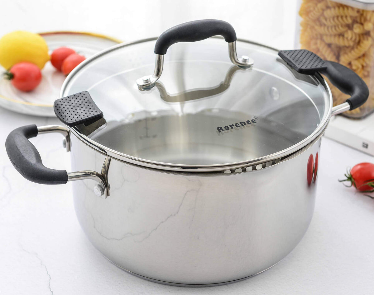 Rorence 6 Qt stock pot with lid and dual pour spouts for easy draining.