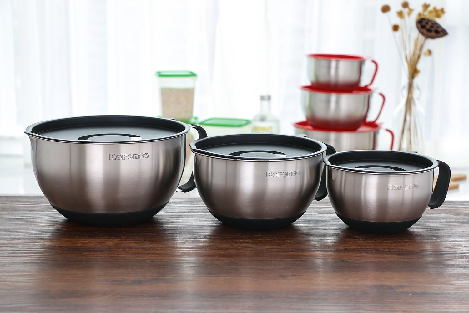 Rorence black stainless steel bowls suitable for dressings, batters, and dough prep