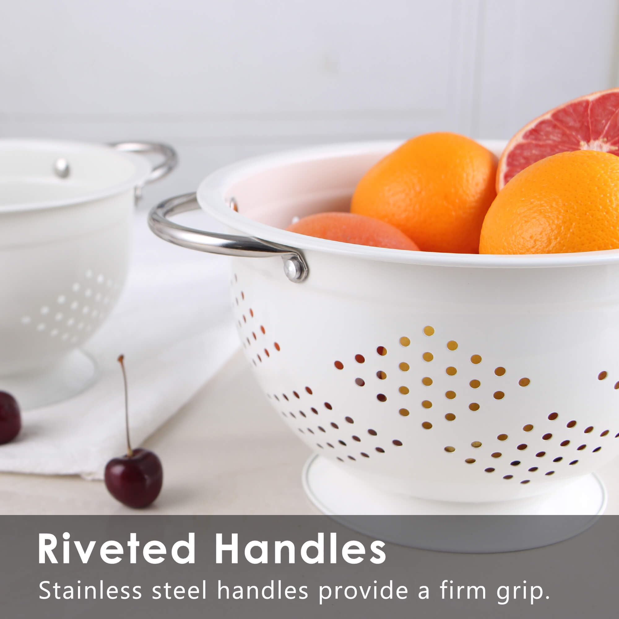 Rorence 3-qt white colander with drainage holes ideal for greens.