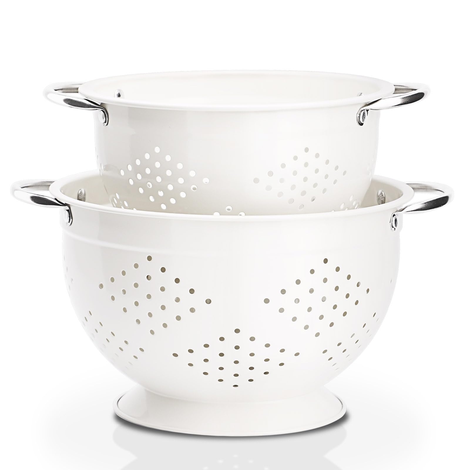 Rorence 3-quart powder-coated steel colander with rust-resistant finish and efficient drainage.