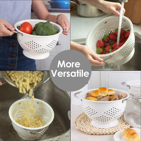 Rorence colander with a wide, stable base for steady handling on counters or sinks.