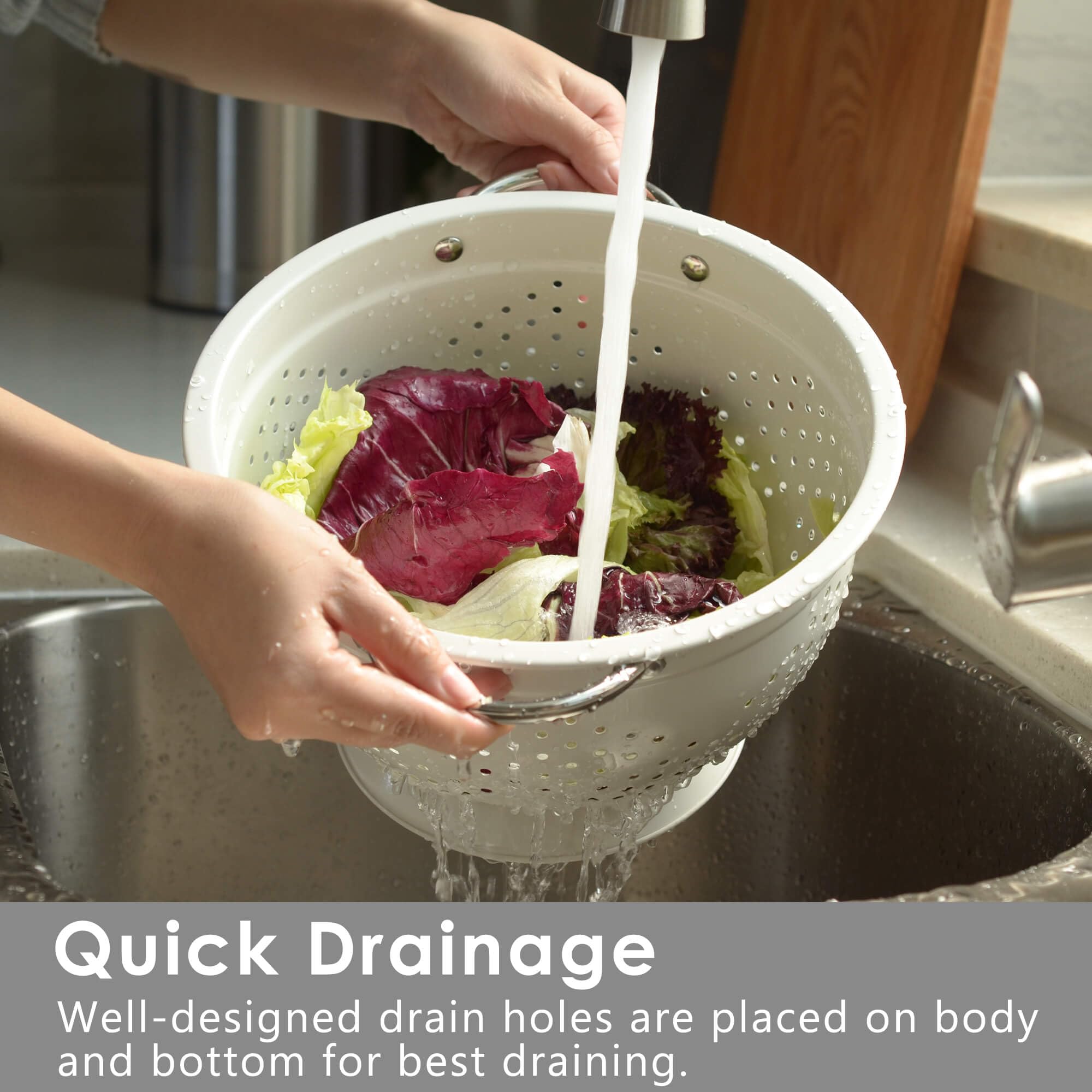 Rorence colander close-up on sturdy riveted handles for steady lifting.