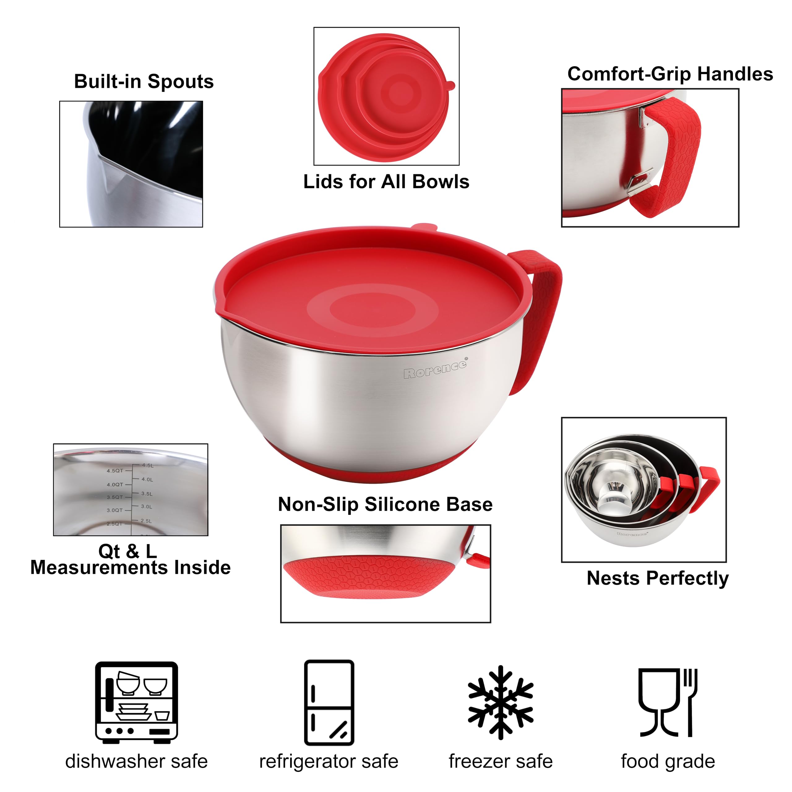 Rorence stainless steel mixing bowls with ergonomic silicone handles.