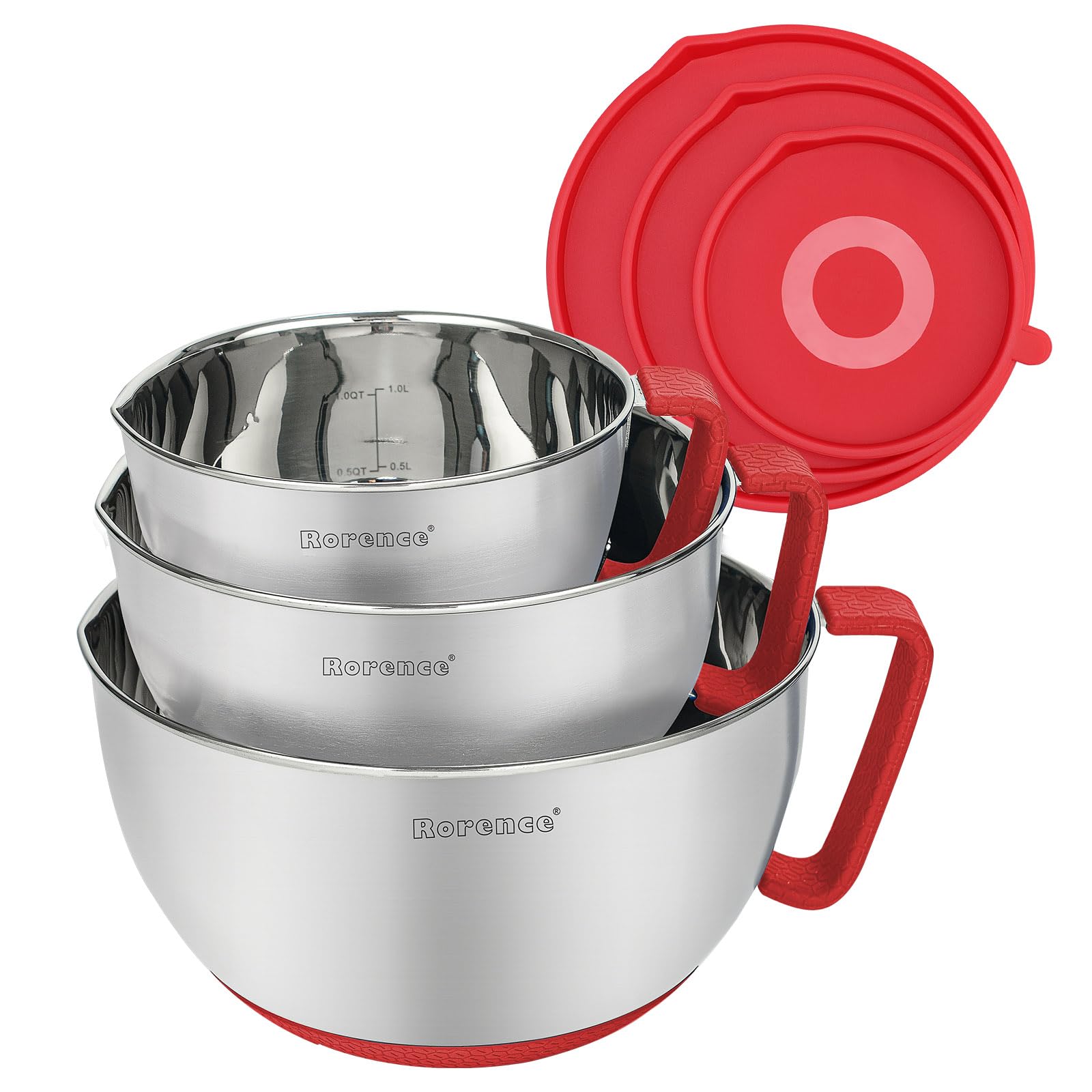 Rorence mixing bowls set with red lids and pour spout for easy prep.