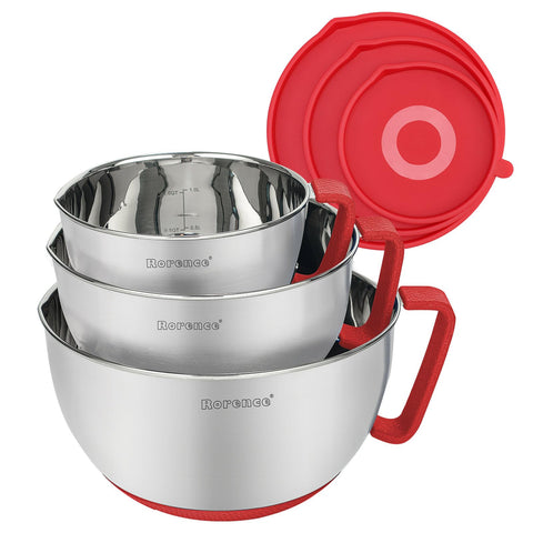 Rorence mixing bowls set with red lids and pour spout for easy prep.