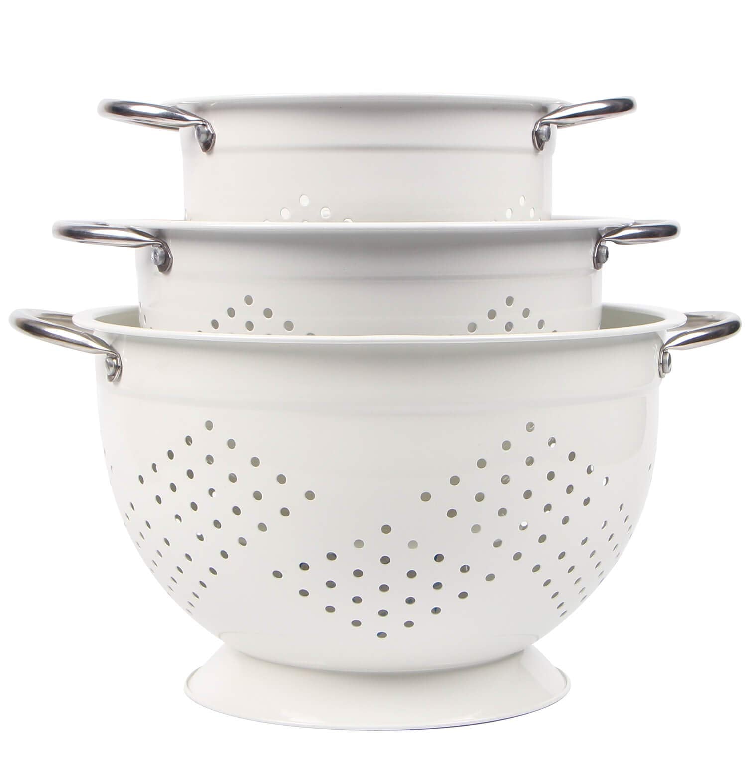 Rorence white colander set packaging emphasizes durable construction for everyday rinsing.