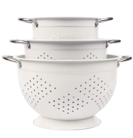 Rorence white colander set packaging emphasizes durable construction for everyday rinsing.