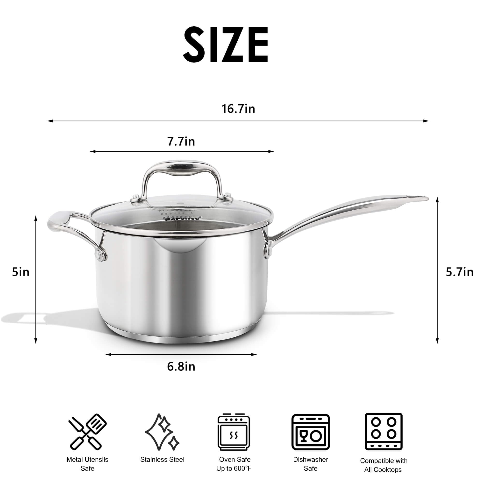Rorence saucepan with glass lid and strainer for easy monitoring and draining