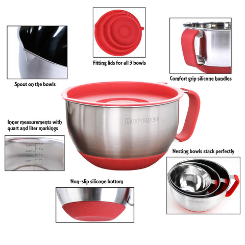 Rorence close-up shows non-slip silicone bottom keeping bowls steady during mixing
