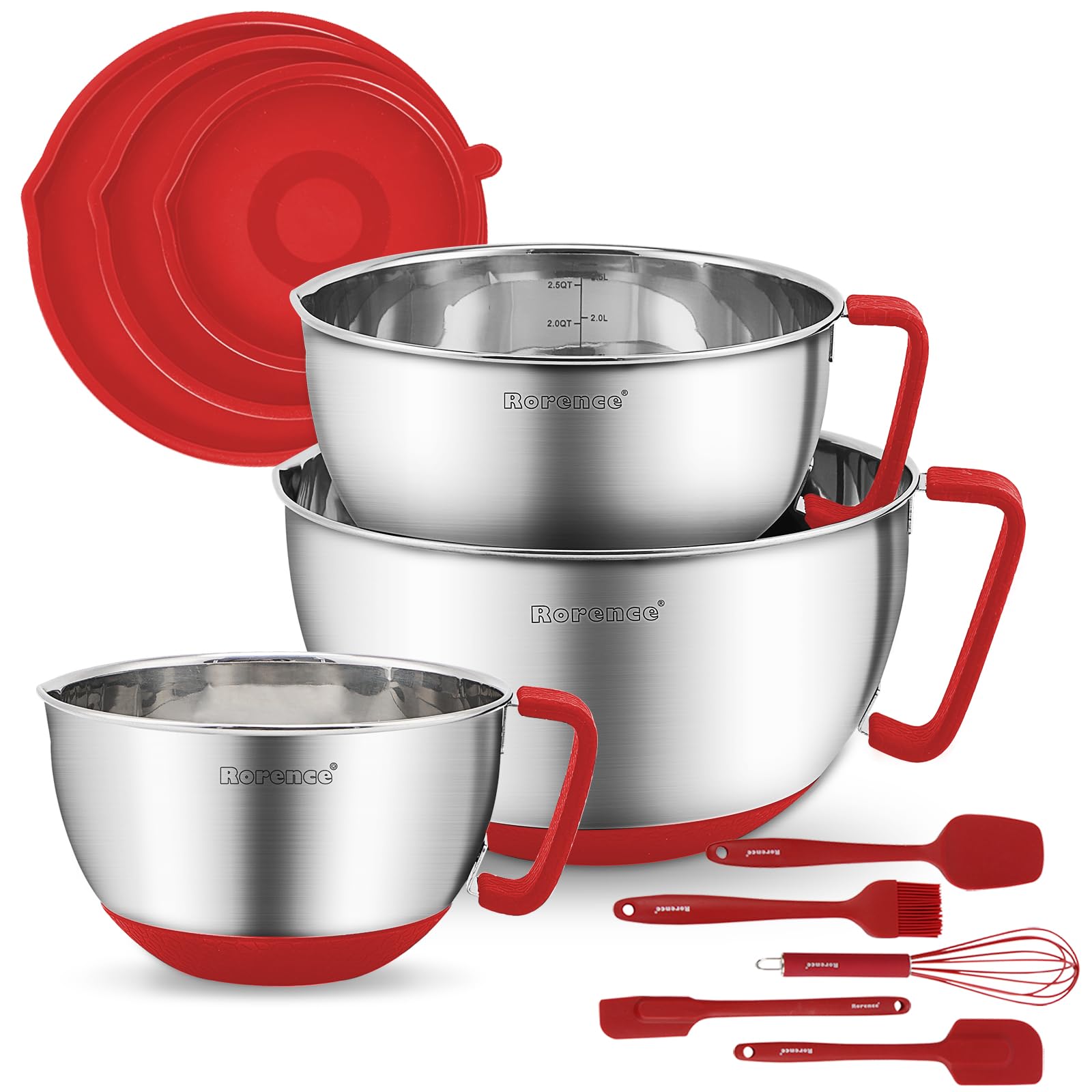 Rorence three-piece stainless steel mixing bowls with red lids for organized kitchen prep