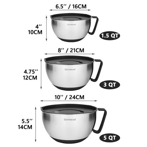 Rorence mixing bowls feature silicone handles for comfortable lifting