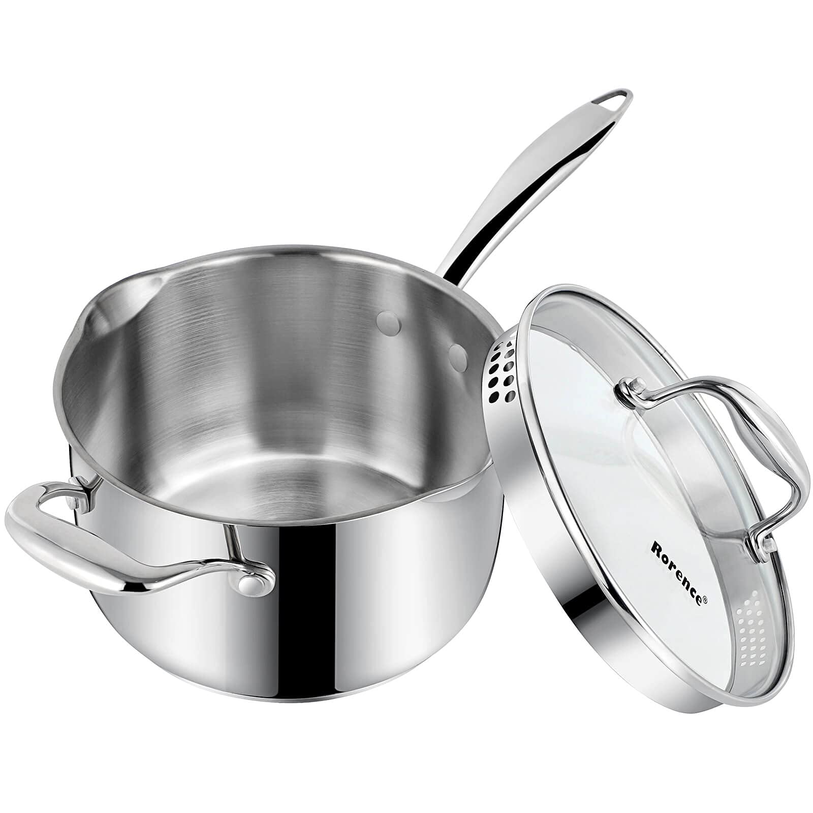 Rorence stainless steel saucepan with pour spout for mess-free draining
