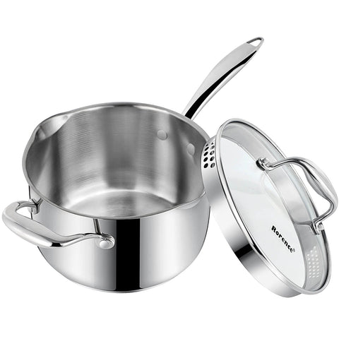 Rorence stainless steel saucepan with pour spout for mess-free draining