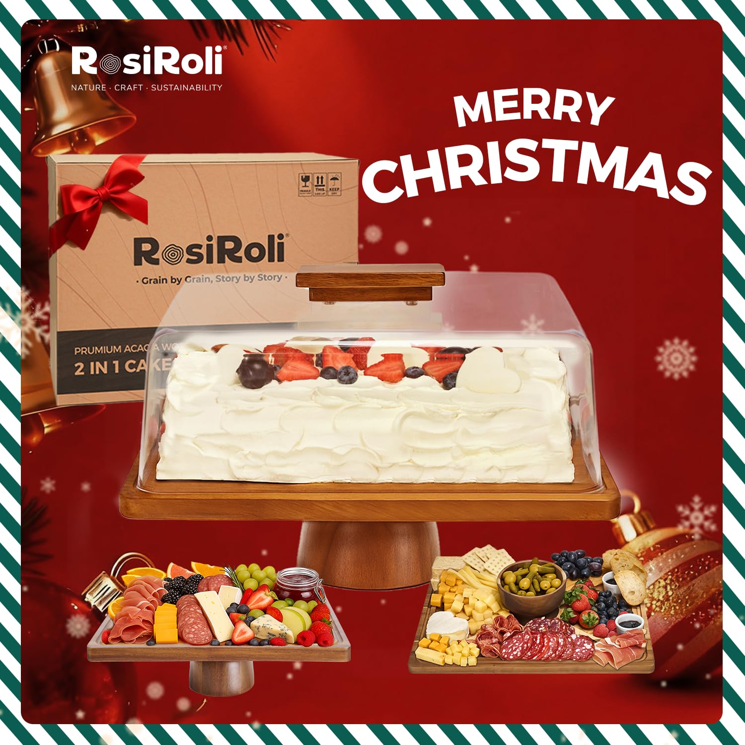 RosiRoli cake stand lid with wooden handle for easy, dust-free reveals.