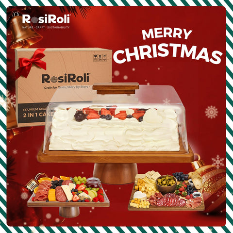 RosiRoli cake stand lid with wooden handle for easy, dust-free reveals.