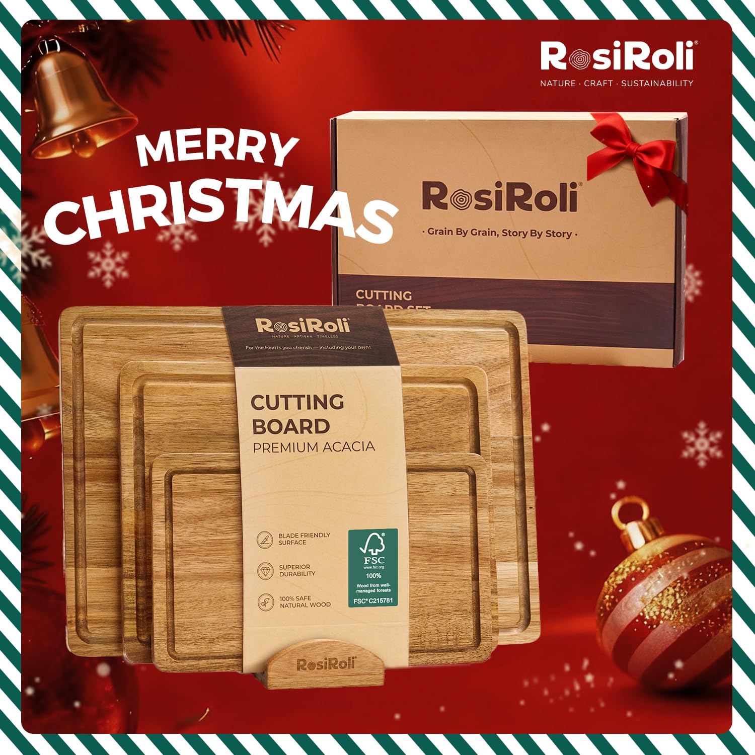 RosiRoli Acacia large board 17x12x1 with grooves catches juices during prep.