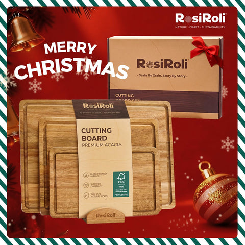 RosiRoli Acacia large board 17x12x1 with grooves catches juices during prep.