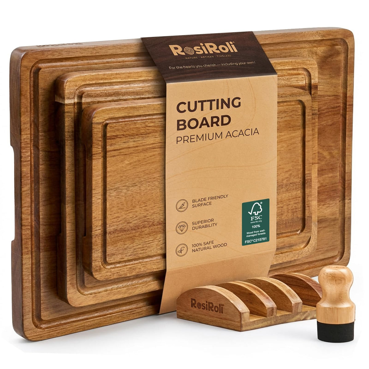 RosiRoli Acacia 3-piece cutting board set, top view, ideal for organized prep and presentation.