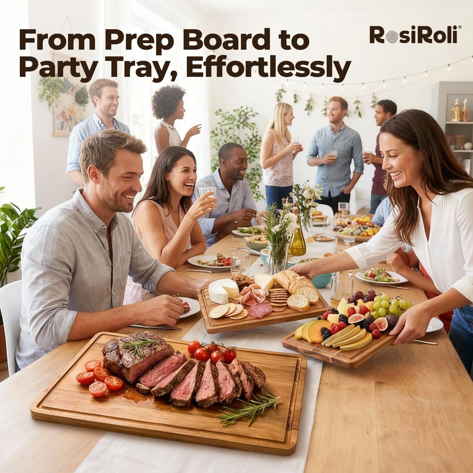 RosiRoli Acacia cutting board storage stand for organized kitchen display.