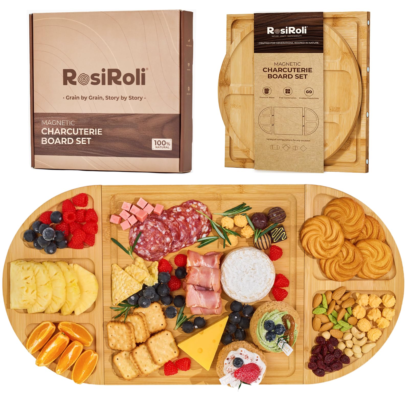 RosiRoli magnetic connector extended charcuterie board forms a 23-inch serving centerpiece