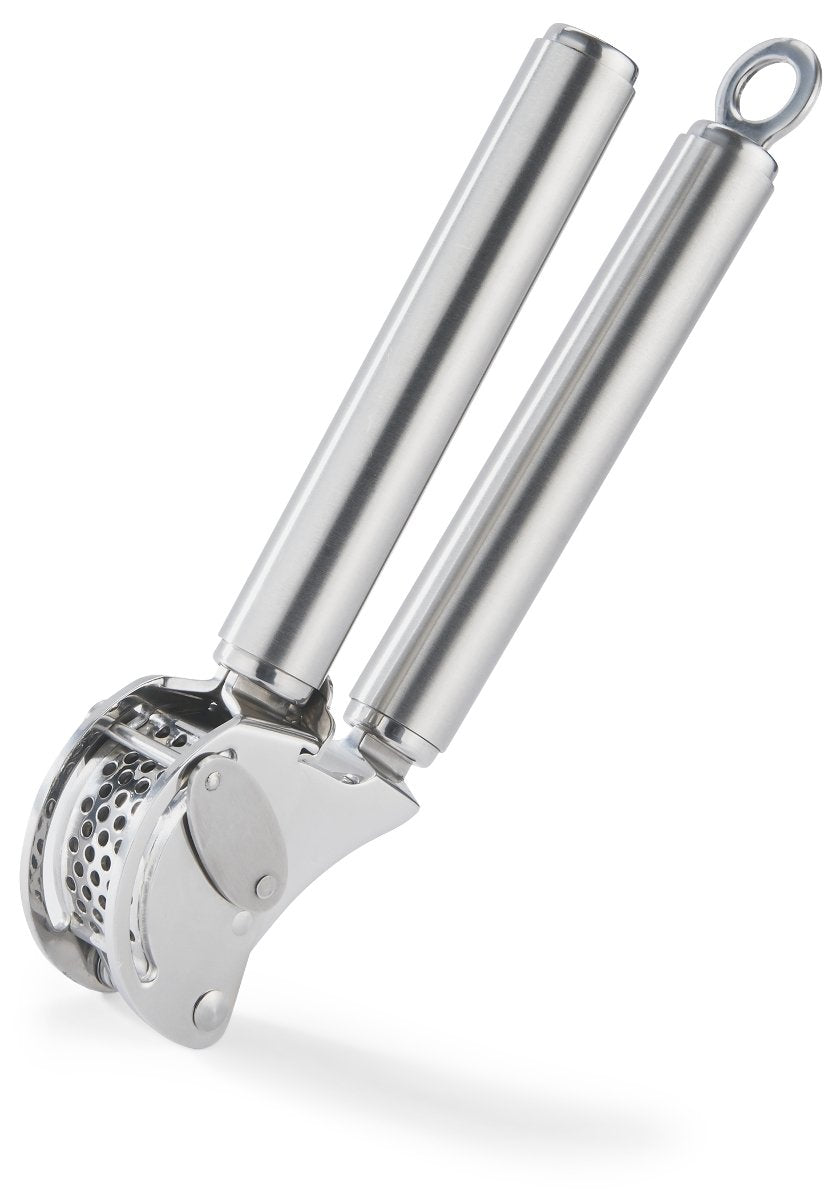 Rösle 12895 garlic press close-up shows durable stainless steel for effortless mincing