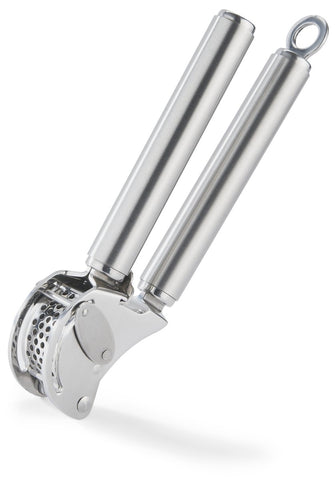 Rösle 12895 garlic press close-up shows durable stainless steel for effortless mincing
