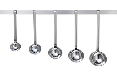 Rösle ladle with hooked handle designed for easy hanging storage.