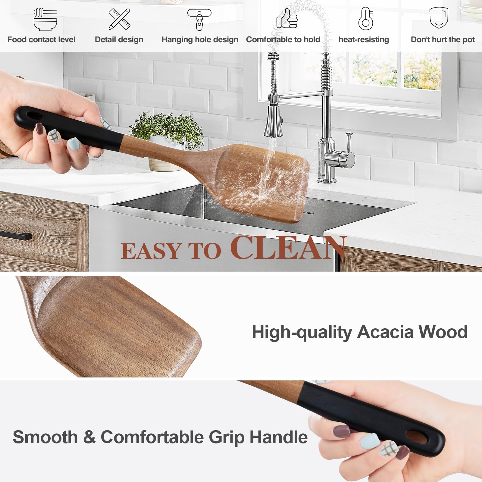 ROSOS acacia wooden spoons on hanging hole ready for easy storage.