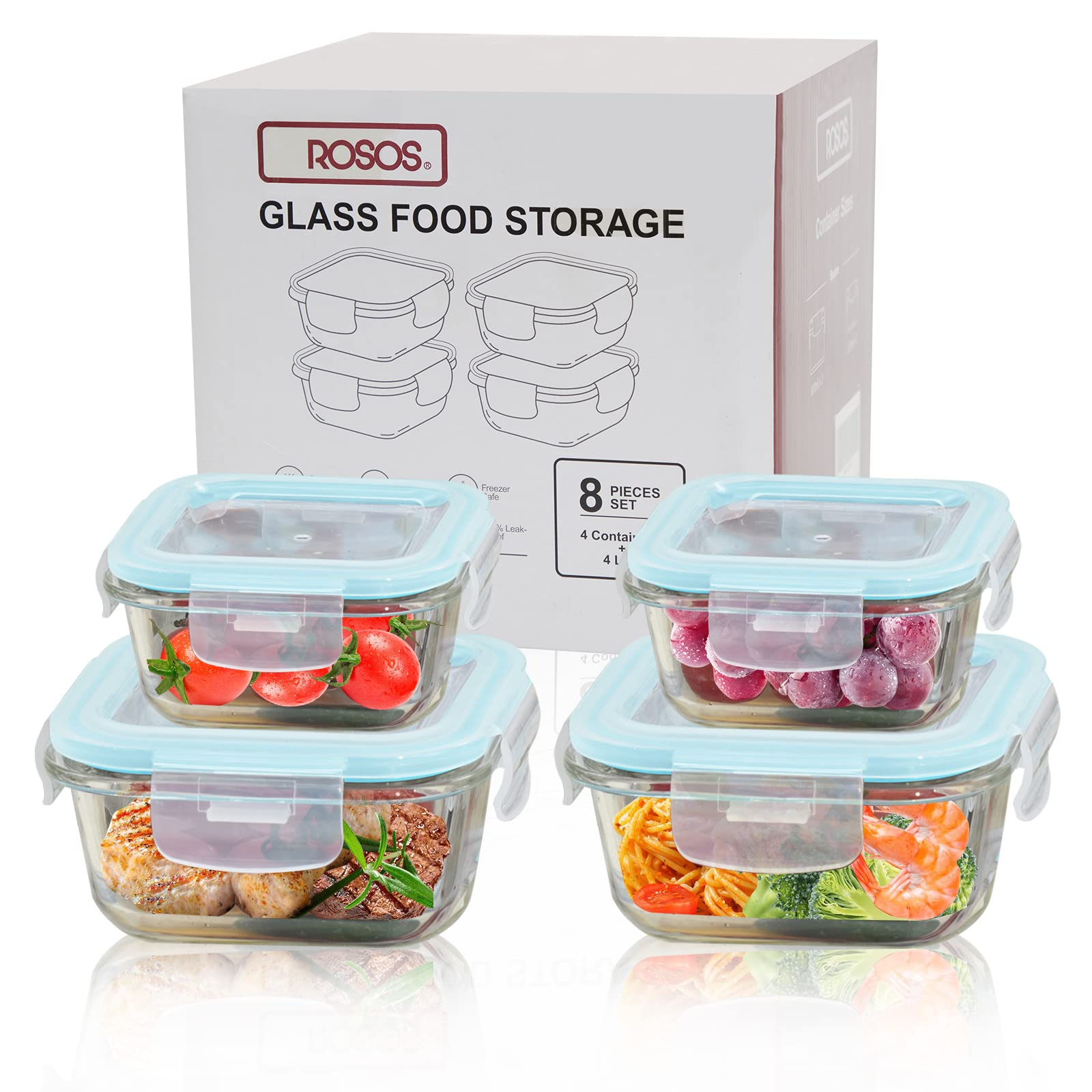 ROSOS glass storage 320ml square with lids, ideal for portion control and freshness