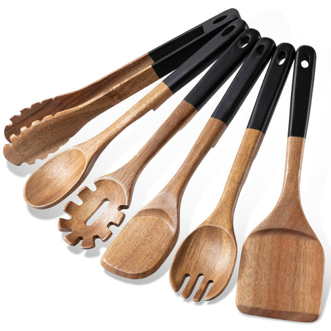 ROSOS wooden spoons cooking 6-piece acacia set shown together for versatile kitchen tasks.