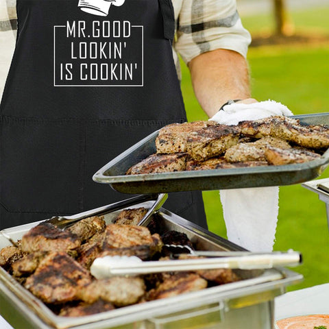 Rosoz apron in kitchen action with model wearing it during cooking