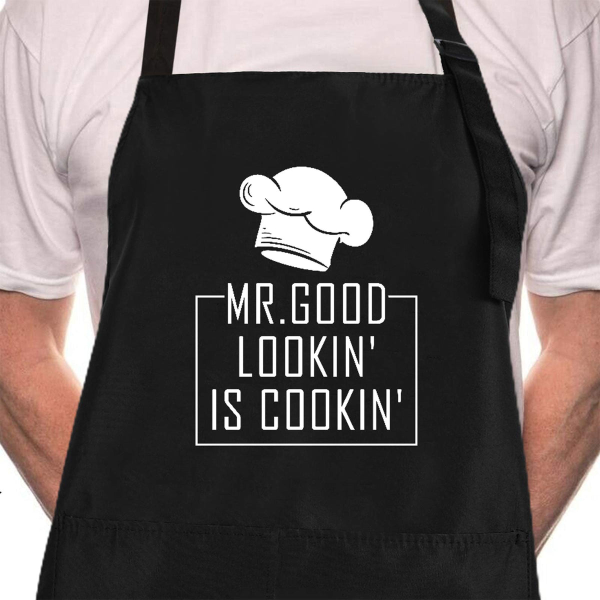 Rosoz Mr Goodlookin BBQ apron on model showing playful design for gifts and cooking