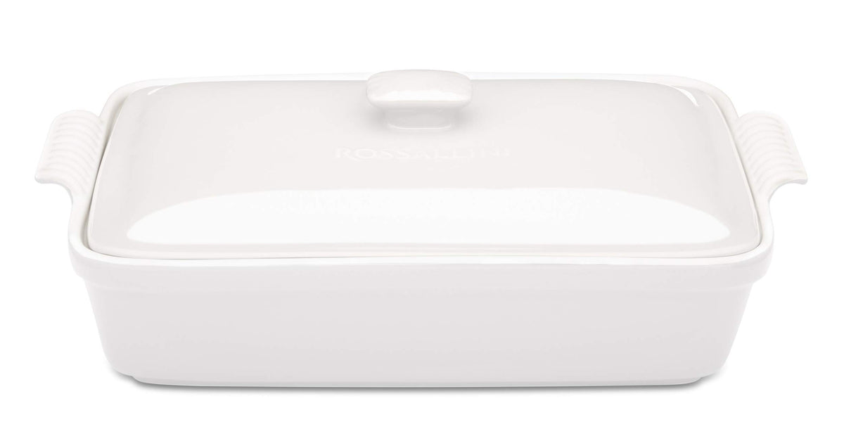 ROSSALLINI stoneware casserole dish with lid in Bianco, ideal for bake-and-serve presentations