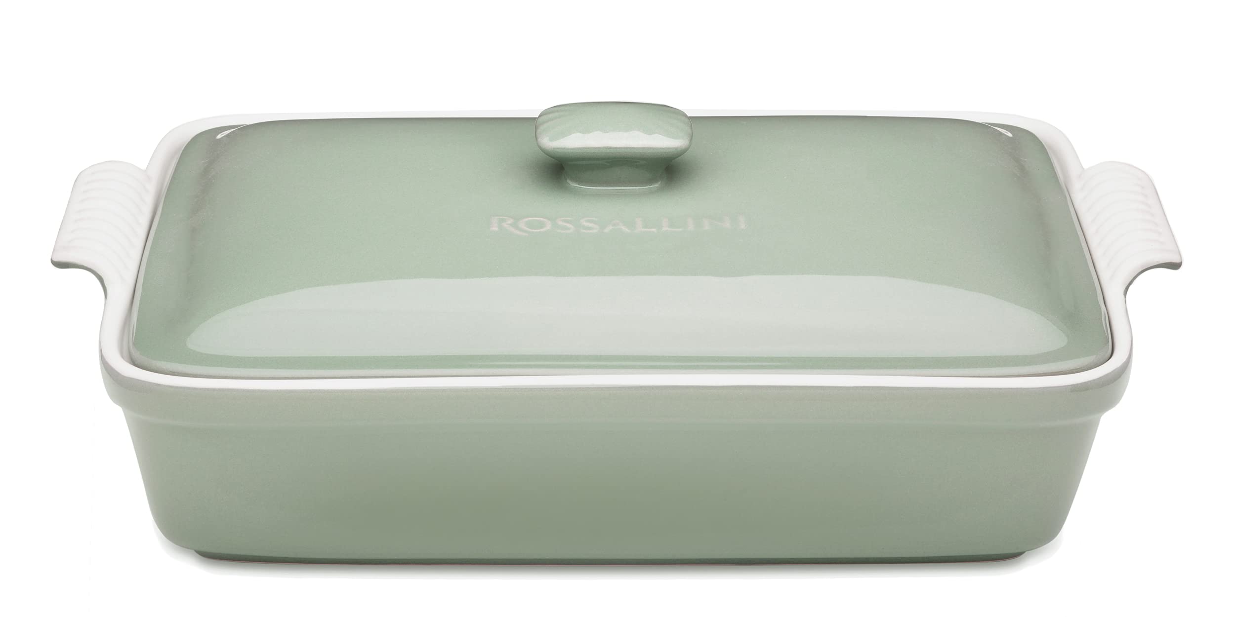 ROSSALLINI stoneware casserole dish with lid in Verde Sage for stylish oven-to-table serving.