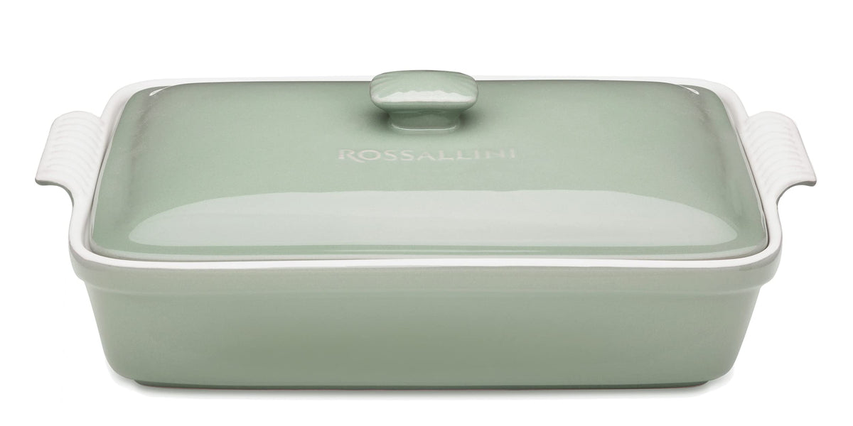 ROSSALLINI stoneware casserole dish with lid in Verde Sage for stylish oven-to-table serving.