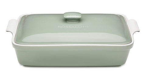 ROSSALLINI stoneware casserole dish with lid in Verde Sage for stylish oven-to-table serving.